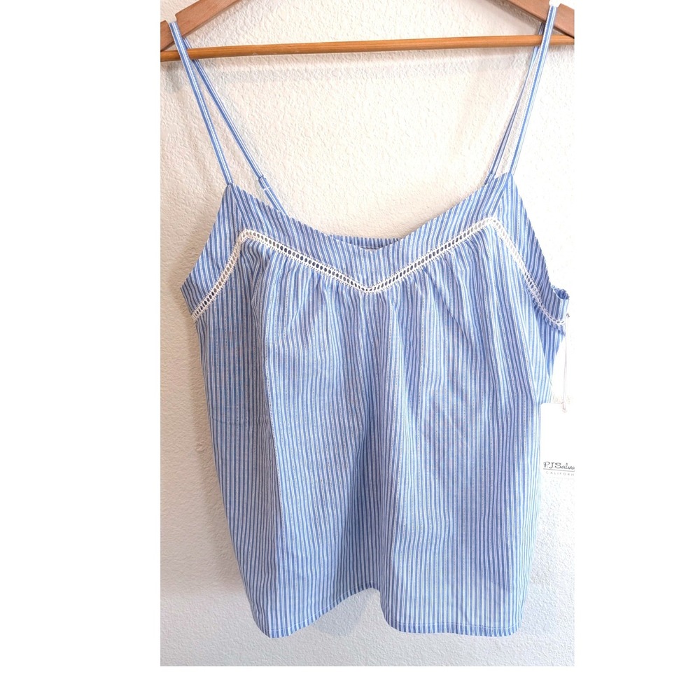 P.J. Salvage Blue Stripe Cotton Cami Lace Trim Pajama Top Size M NWT